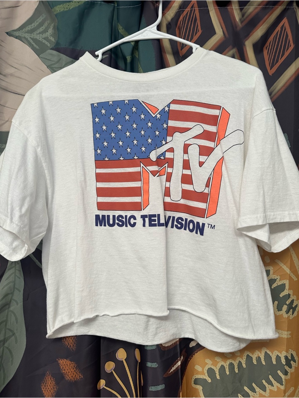 MTV White Crop T-Shirt with American Flag Logo